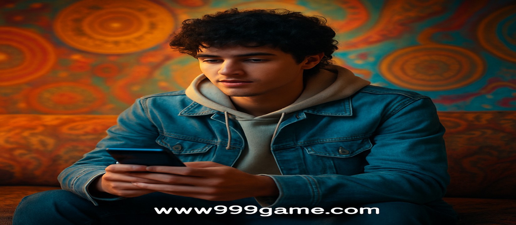 একজন ব্যক্তি সোফায় আরাম করে বসে 999game অ্যাপটি ব্যবহার করছেন