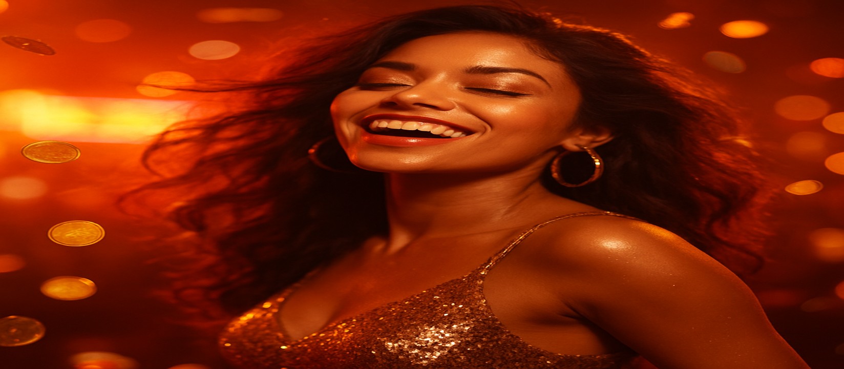 এভিয়েটর গেমে জয়ের আনন্দে উল্লসিত এক নারী, চারপাশে ছড়িয়ে উড়ছে স্বর্ণমুদ্রা