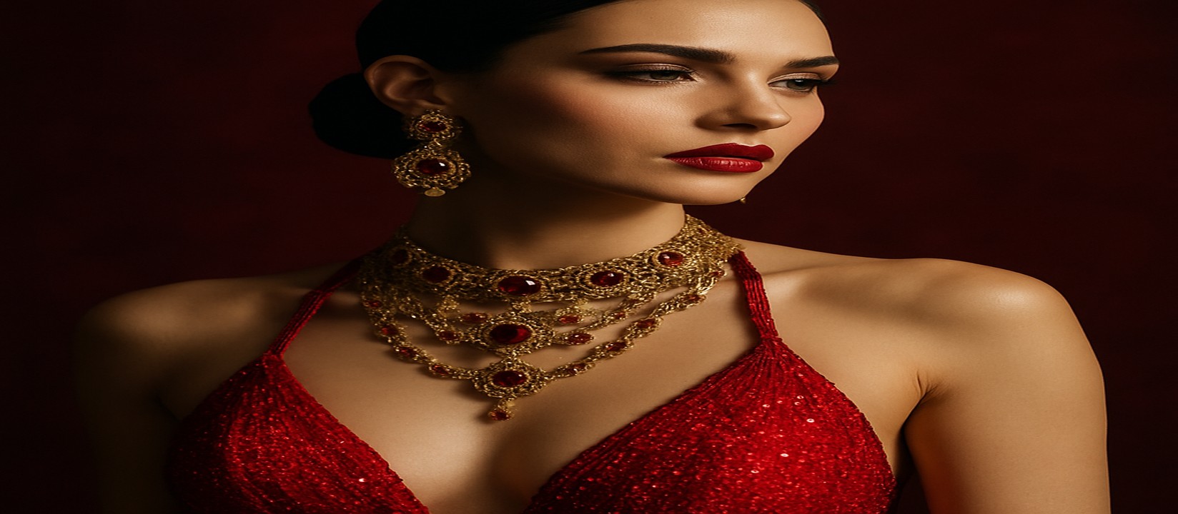 গেমিং প্ল্যাটফর্ম টেবিলে লাল পোশাকে সজ্জিত একজন নারী উপস্থাপক