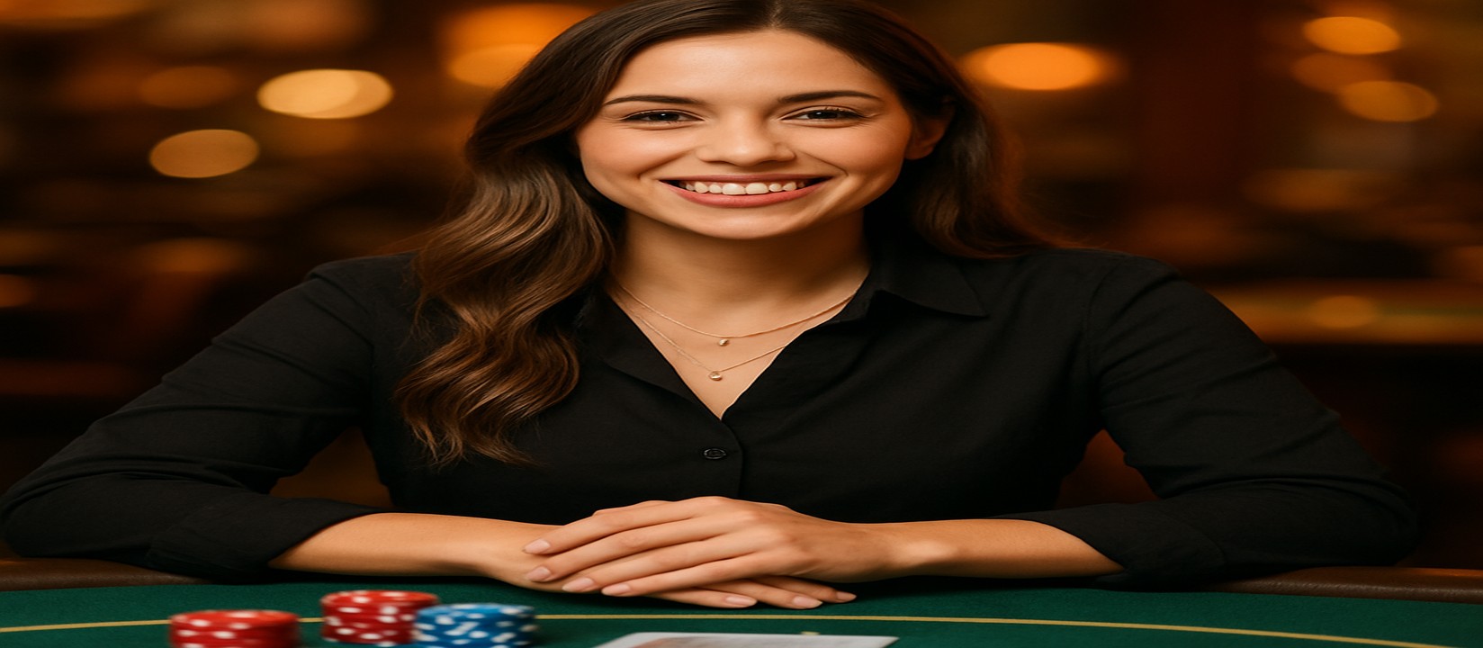 999game-এ একটি কার্ড টেবিলে হাসিমুখা এক নারী ডিলার টেবিলের সামনে গেম টোকেন ও কার্ড রাখেন, এবং তিনি বিস্তৃত ধরনের গেমের একটি বিশাল নির্বাচন উপস্থাপন করেন