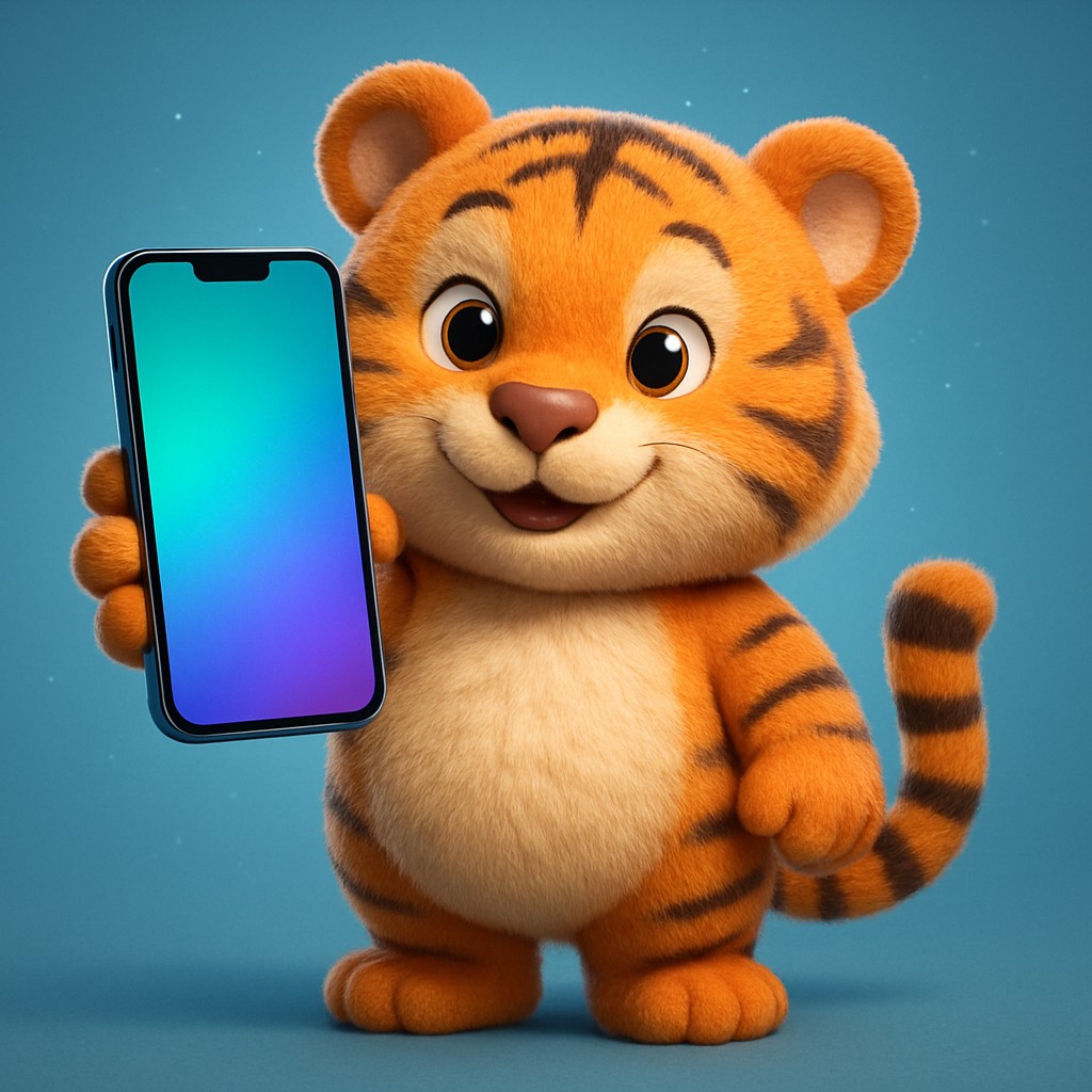 একটি স্মার্টফোনে 999game অ্যাপটি ব্যবহার করে এমন একটি বাঘশাবকের কার্টুন চরিত্র