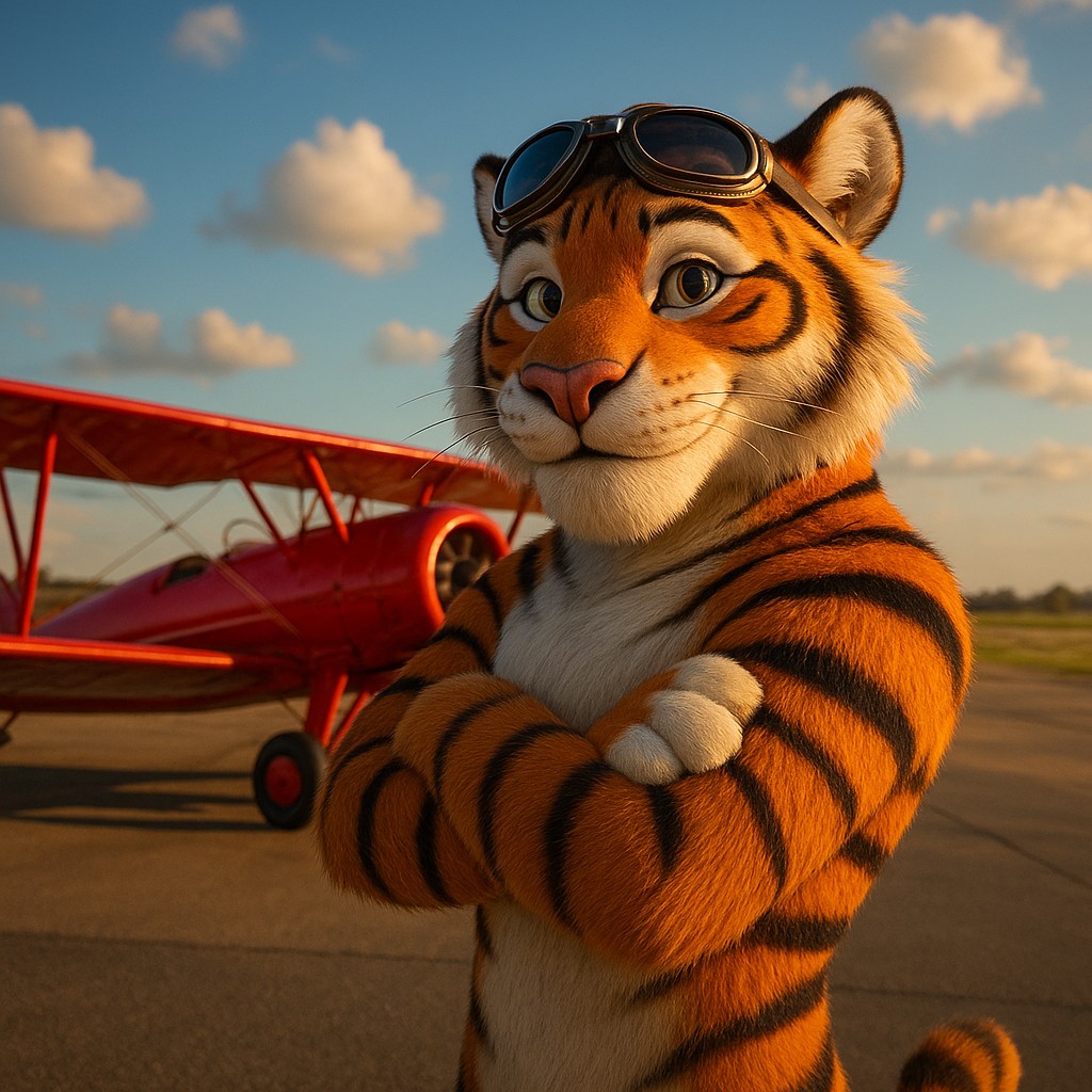 এভিয়েটর গেমটির প্রতীক হিসেবে লাল বিমানের পাশে দাঁড়িয়ে থাকা টাইগার পাইলট