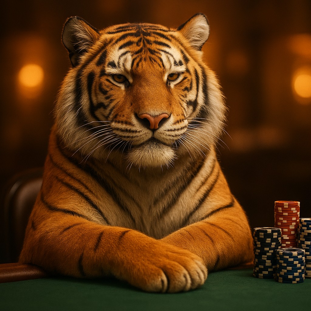 999game গেমিং প্ল্যাটফর্মে খেলার টেবিলে চিপস নিয়ে বসে থাকা হাসিখুশি একটি টাইগার শাবক