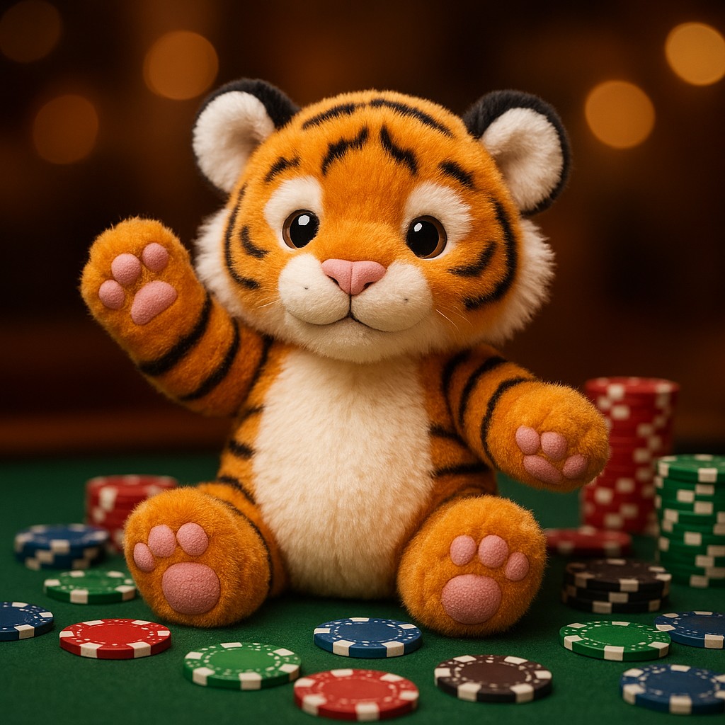 একটি ছোট বাঘছানার বাচ্চা একটি টেবিলের ওপর গেম টোকেনসহ বসে আছে।