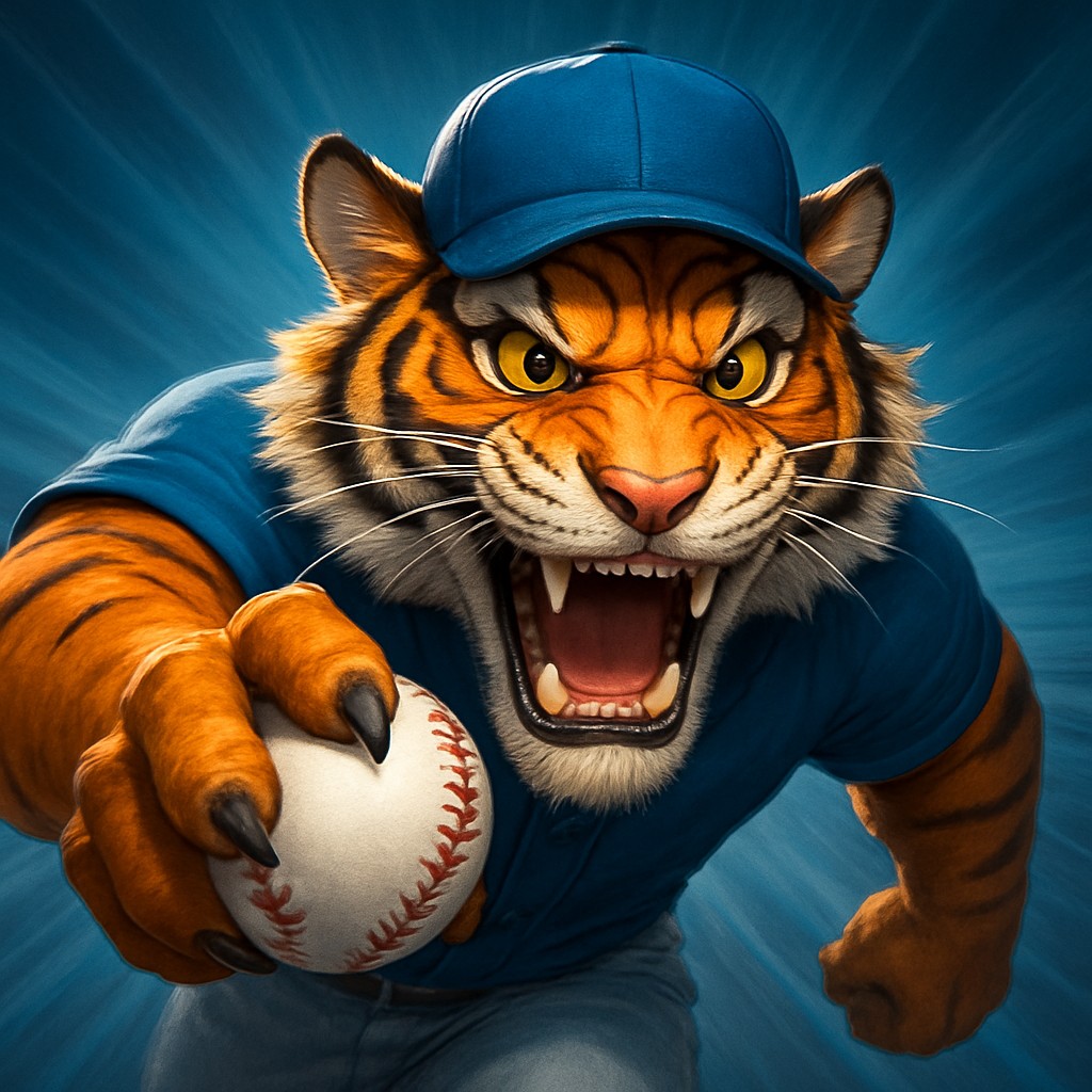 999game ক্রিকেট গেমিংয়ের প্রতীক হিসেবে ইউনিফর্ম পরা হাতে বল ধরে একটি উল্লসিত টাইগার শাবক