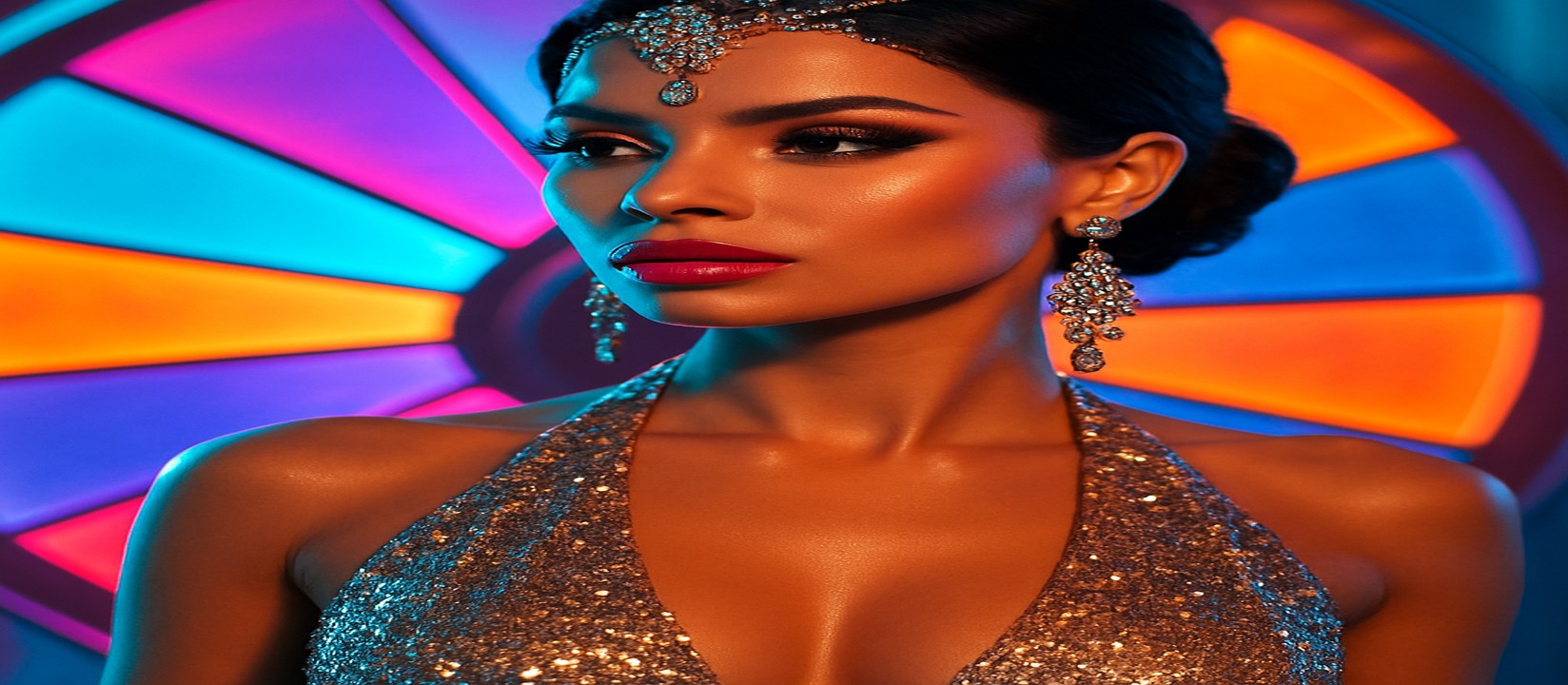 রঙিন গেমিং প্ল্যাটফর্মটির সামনে উজ্জ্বল পোশাকে একজন নারী