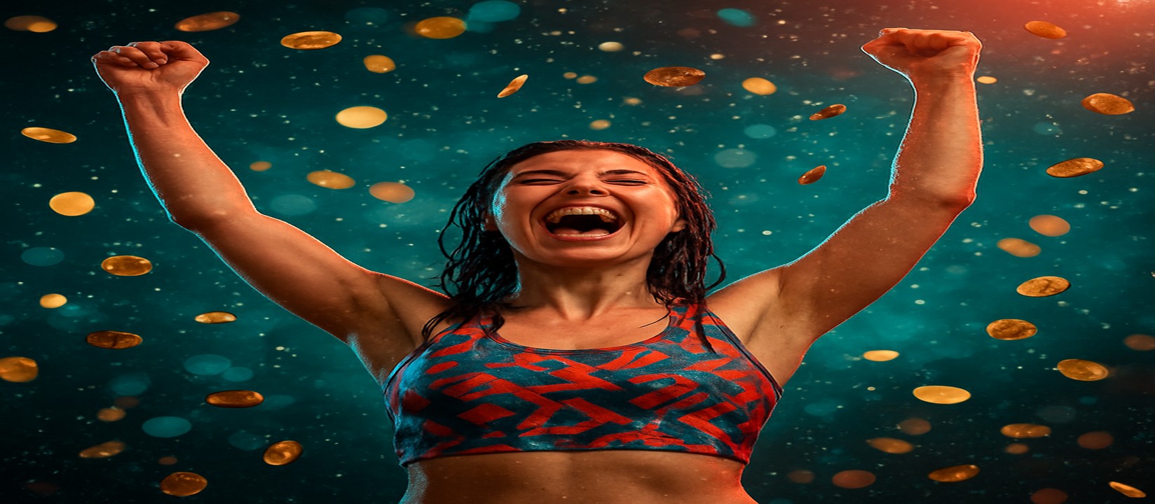 টাকার ঝরনার মাঝে রঙিন পোশাকধারী এক নারী