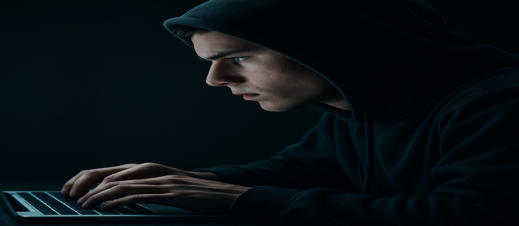 অন্ধকার ঘরে ল্যাপটপে মনোযোগ সহকারে 999game ওয়েবসাইটে অনলাইন গেম খেলা একজন ব্যক্তি